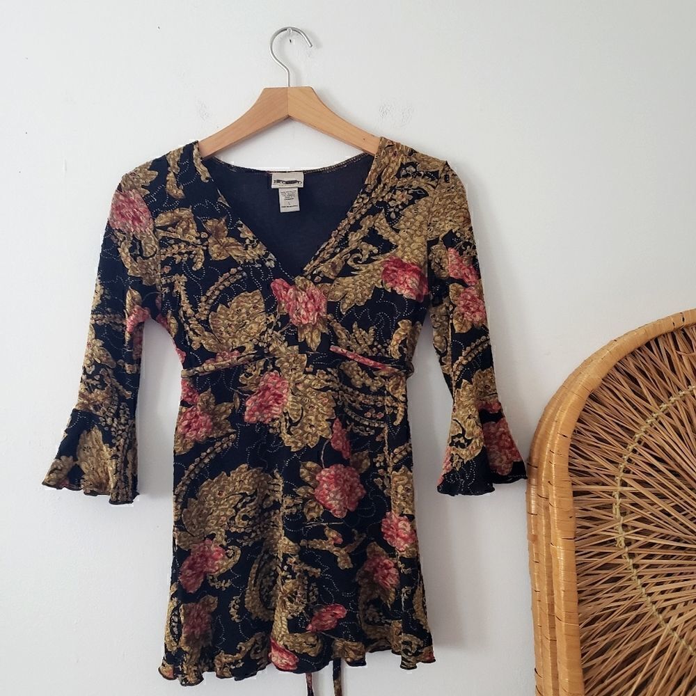 Vintage Floral Bell Sleeve Blouse Black Pink Gold Textured L